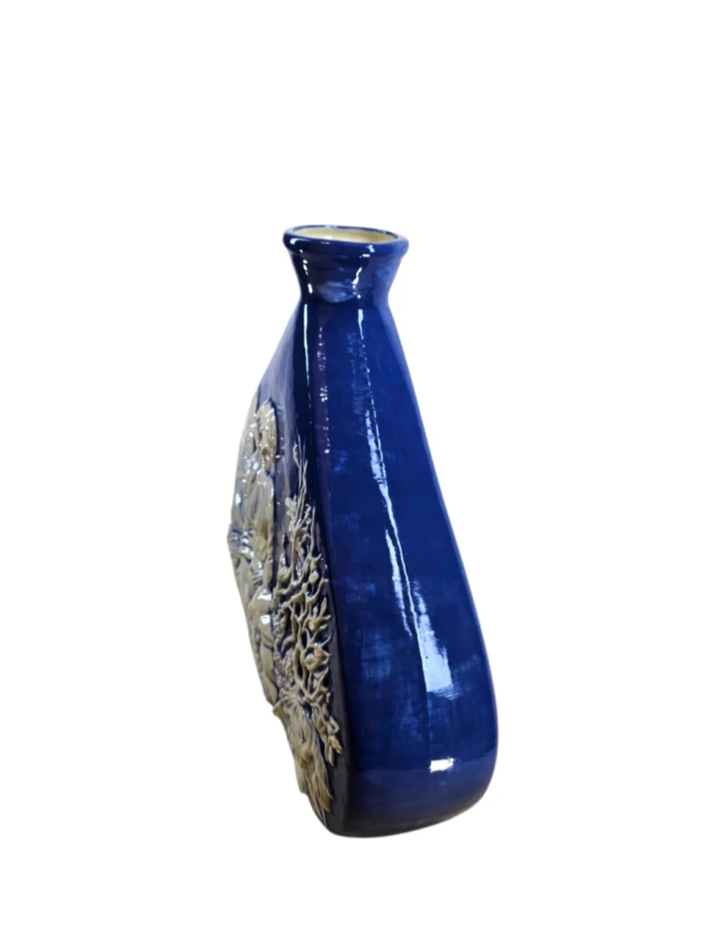 Signed P.W. 1988 Cobalt Blue Art Pottery Relief Vase Maiden & Baby Deer